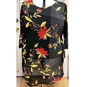 Alfani Plus Size Lace Lined black red gold floral sheer Tunic Top. Size 2x.